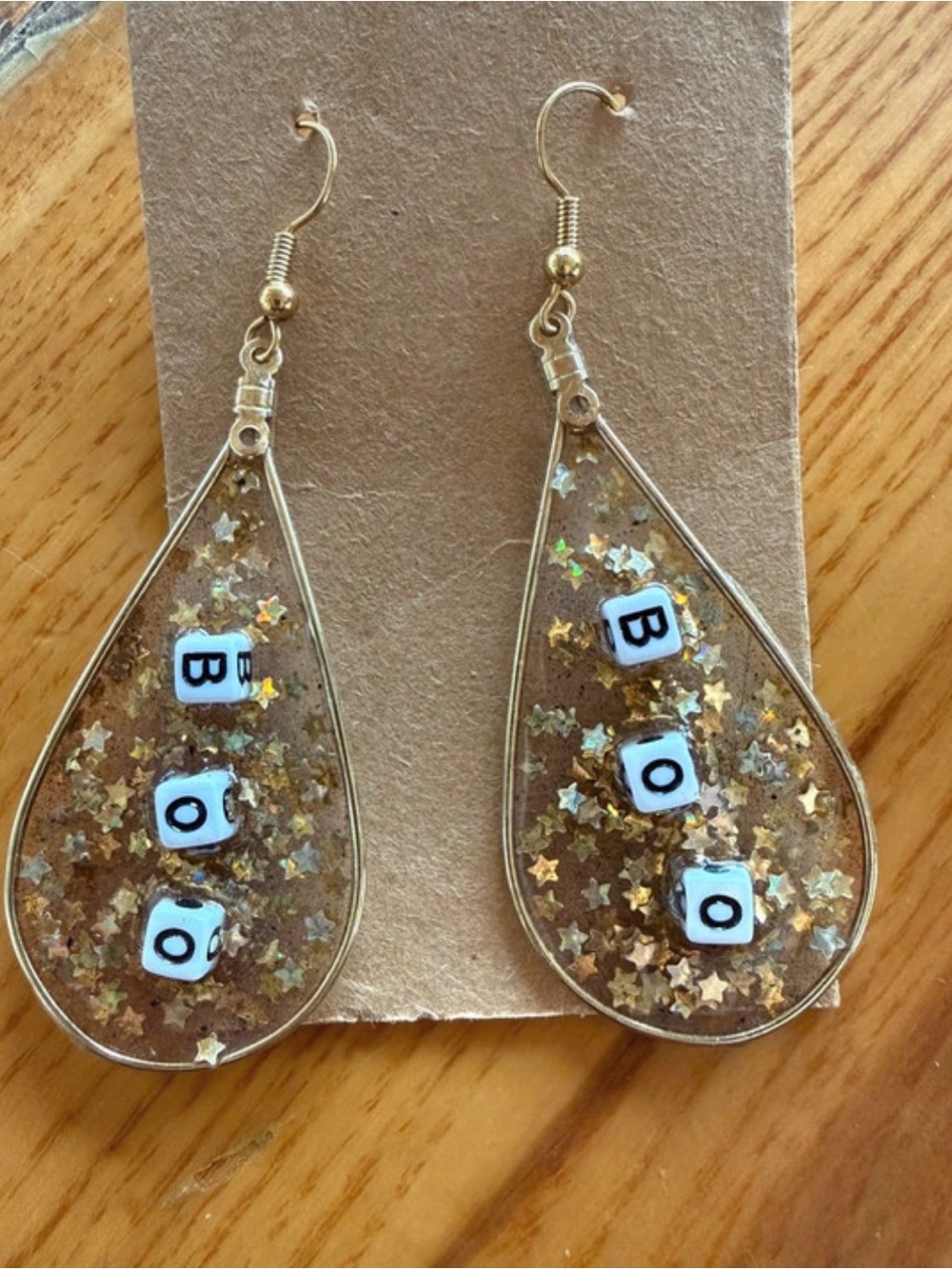 Gold Star Teardrop Earrings with 'BOO' Letter Beads